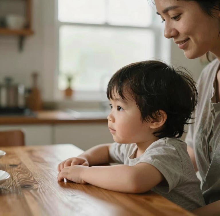 Candid close-up of a mother and child sharing a warm moment at a wooden kitchen table, soft natural window light, rich organic tones, shallow depth of field