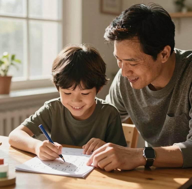 Candid medium shot of a mentor and a young child smiling while working together on a math worksheet at a wooden desk, warm golden-hour light streaming through a window.