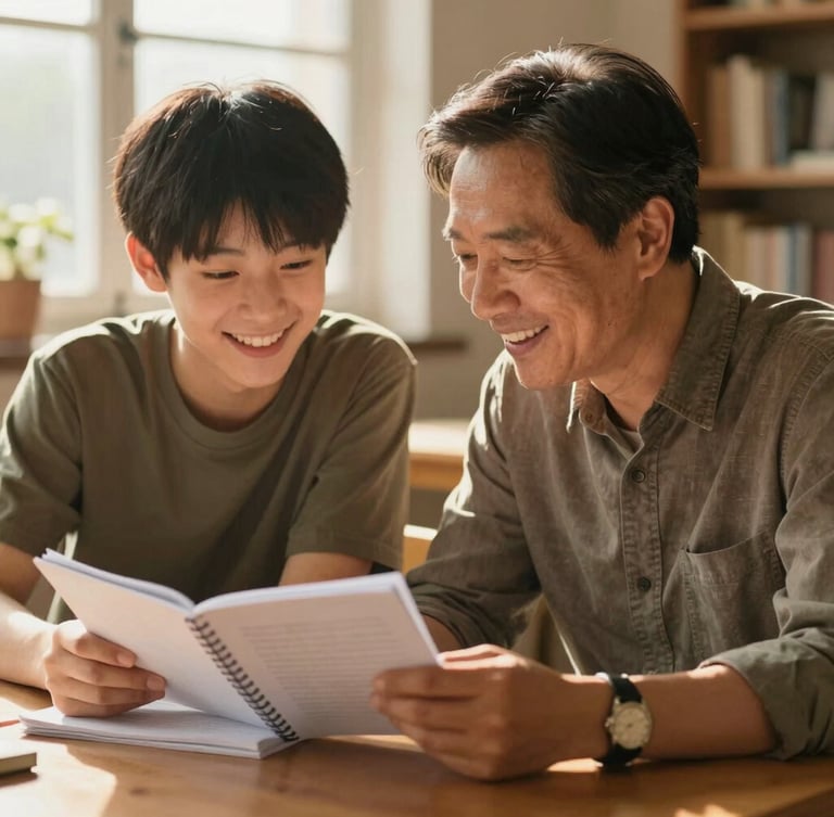 Candid medium shot of a mentor and a young student laughing together over a workbook, warm golden-hour light illuminating the room, shallow depth of field.