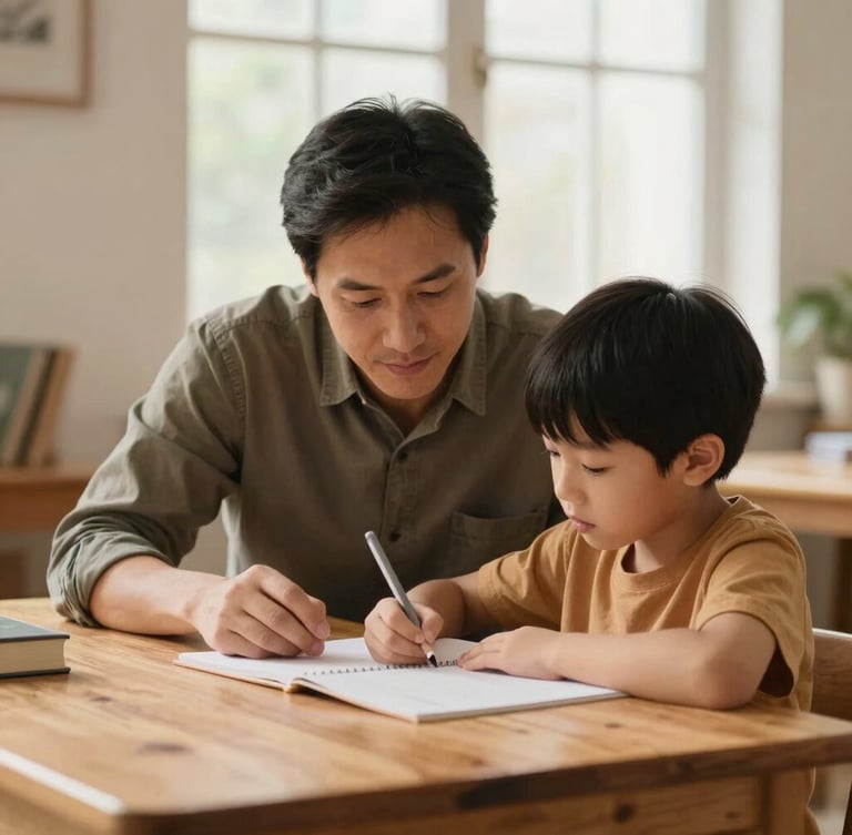 Candid medium shot of a mentor guiding a child at a warm wooden homework table under soft window light, rich organic tones