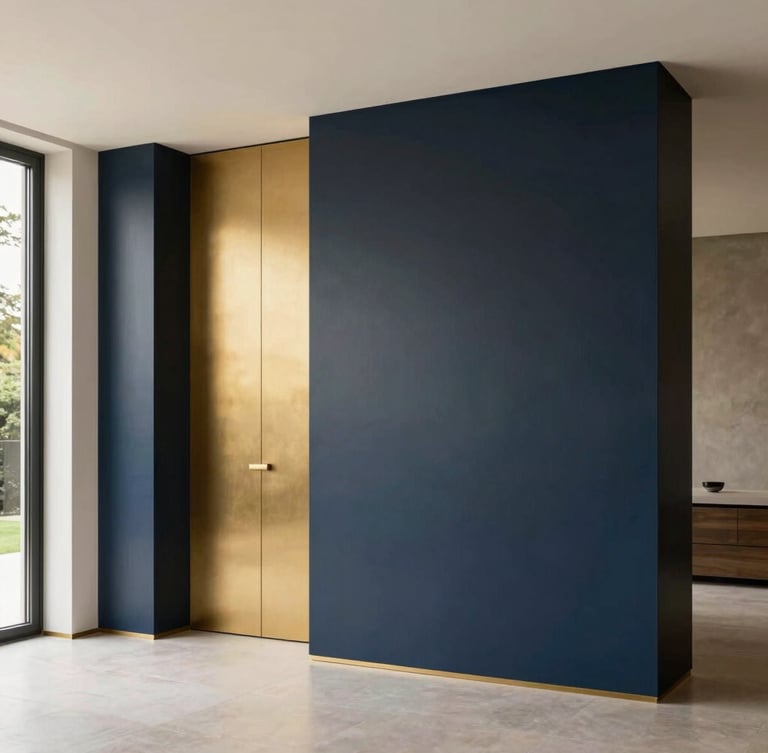 premium architectural photography of a minimalist luxury villa interior, soft natural daylight highlighting flawless smooth paint texture, warm gold and deep navy tones, 35mm