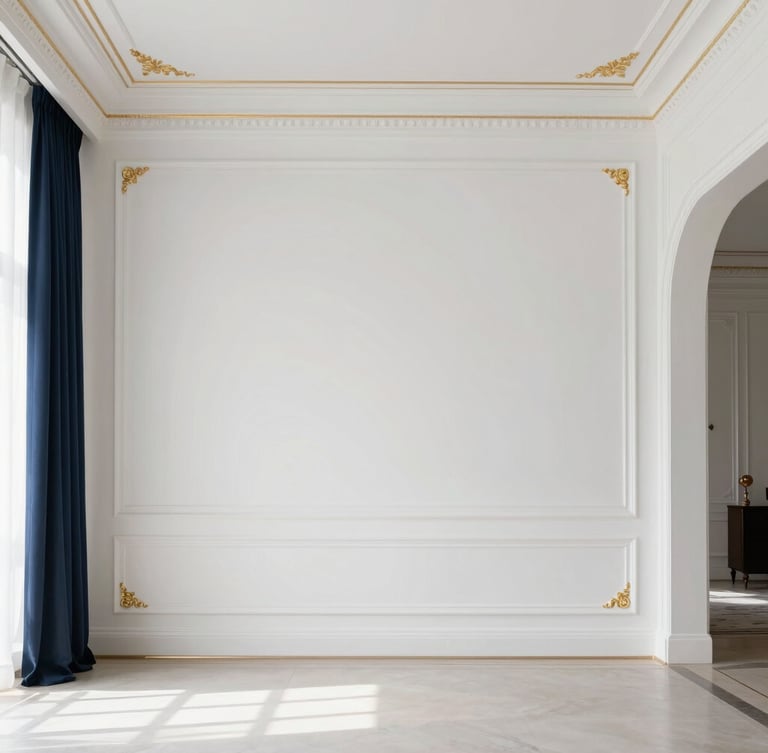 Luxurious villa living room interior, flawless matte white paint on walls, crisp gold molding details, high ceilings, soft diffused daylight, 35mm photography