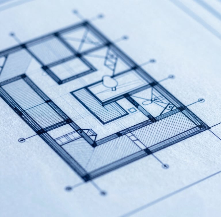 Macro close-up of a highly detailed architectural blueprint, crisp blue lines on clean white drafting paper, sharp shadows under cool-toned daylight, 35mm photography