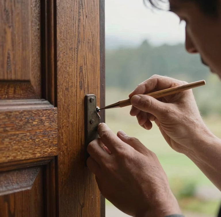 A macro-detail photograph of a master artisan's hands carefully restoring a historic oak door, soft overcast Pacific Northwest daylight highlighting the fine wood grain, shallow depth of field