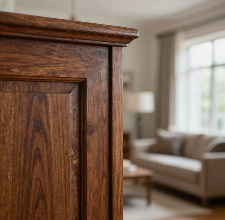A macro architectural crop of hand-restored mahogany millwork on the left third, soft diffused daylight highlighting the deep satin grain, clean edges, elegant residential interior background out of focus.