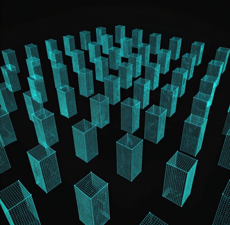 digital screenshot, behind-the-scenes game editor view showing a dense wireframe of neon cyan collision boxes on a dark background, high contrast, crisp digital lighting