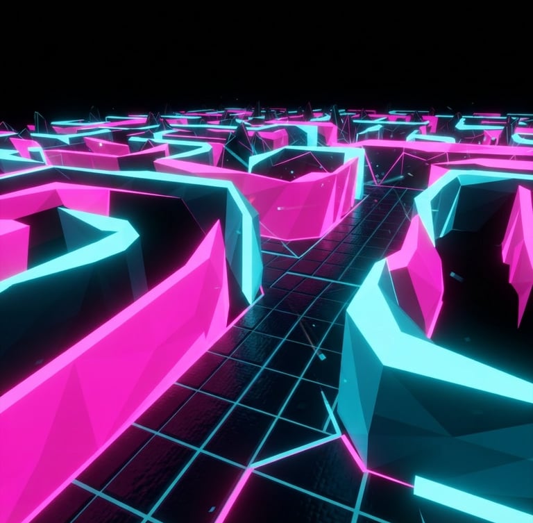 Direct screen capture of a low-poly 3D maze with high-contrast neon pink and cyan walls on a pitch black background, crisp digital lighting.
