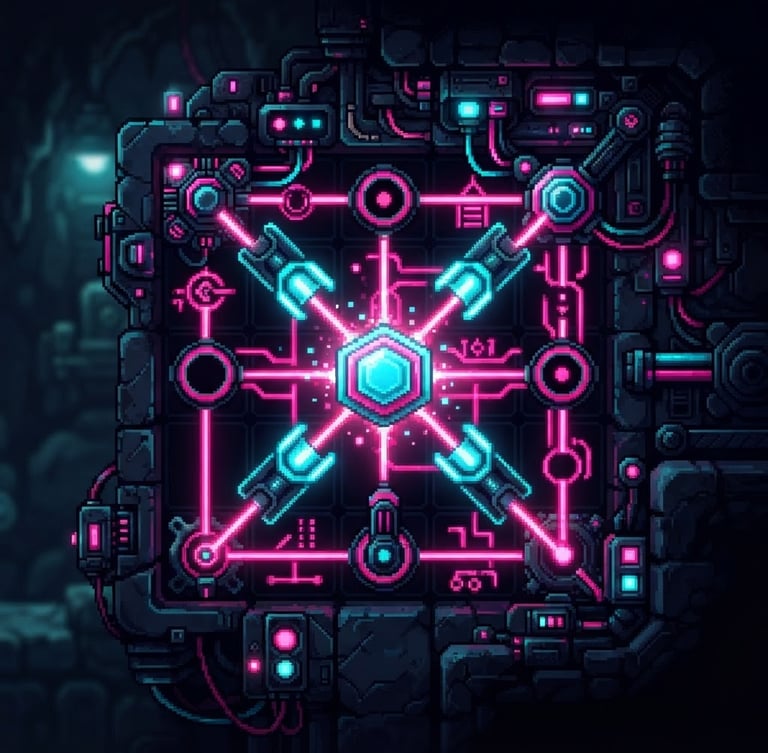 digital screenshot, tight crop on a glowing neon puzzle mechanic, pixel art, high contrast pink and cyan accents, dark background, crisp