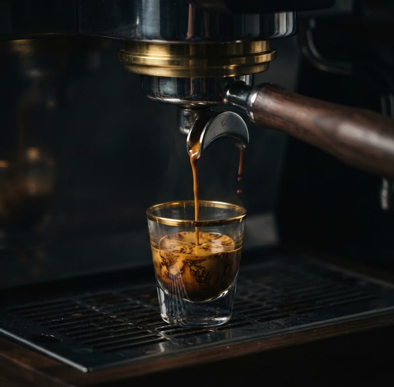 Macro shot of dark, rich espresso pouring from a high-end machine into a gold-rimmed glass, dramatic chiaroscuro lighting, deep shadows, tiger-striping crema visible, close-up, centered subject.