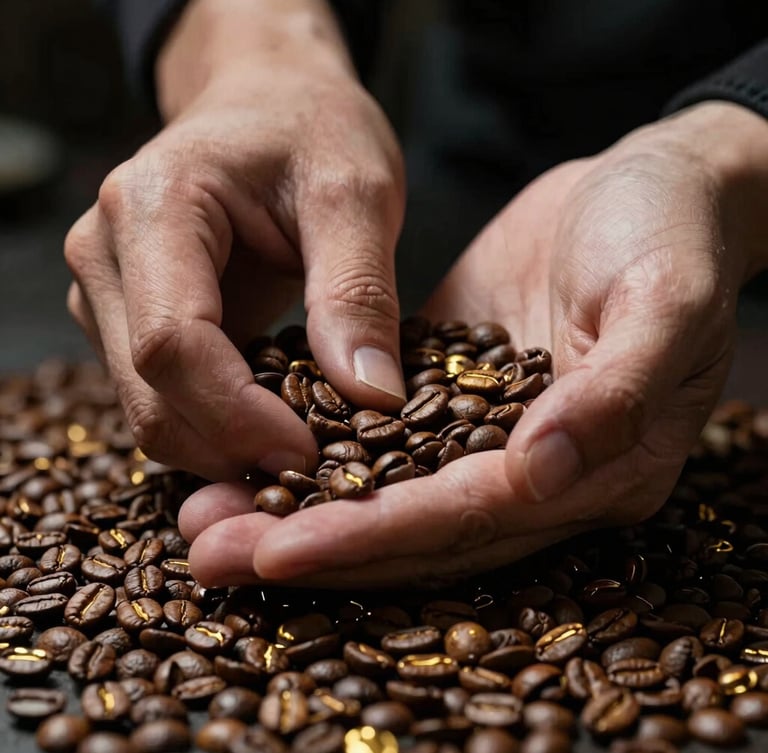 Close-up of a Q-grader's hands performing sensory analysis on coffee beans, focused on the beans and hands, laboratory setting, dramatic spotlighting, deep shadows.
