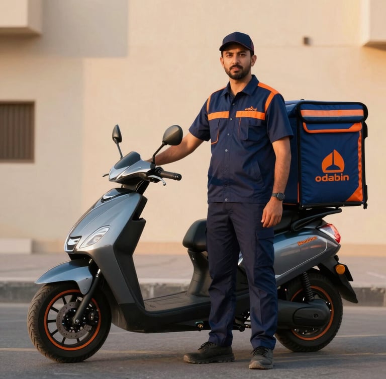 A professional Saudi delivery rider in a clean navy uniform with orange accents standing beside a modern delivery vehicle in Riyadh during golden hour, sharp corporate lighting, 35mm lens.