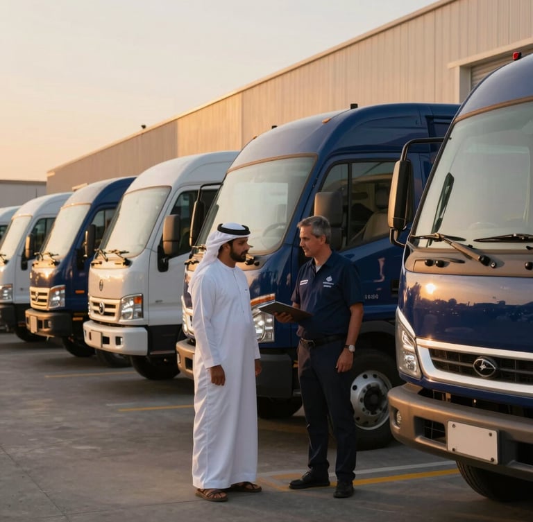 A professional Saudi logistics manager inspecting a fleet of modern delivery vehicles parked outside a state-of-the-art warehouse in Riyadh, golden hour lighting.