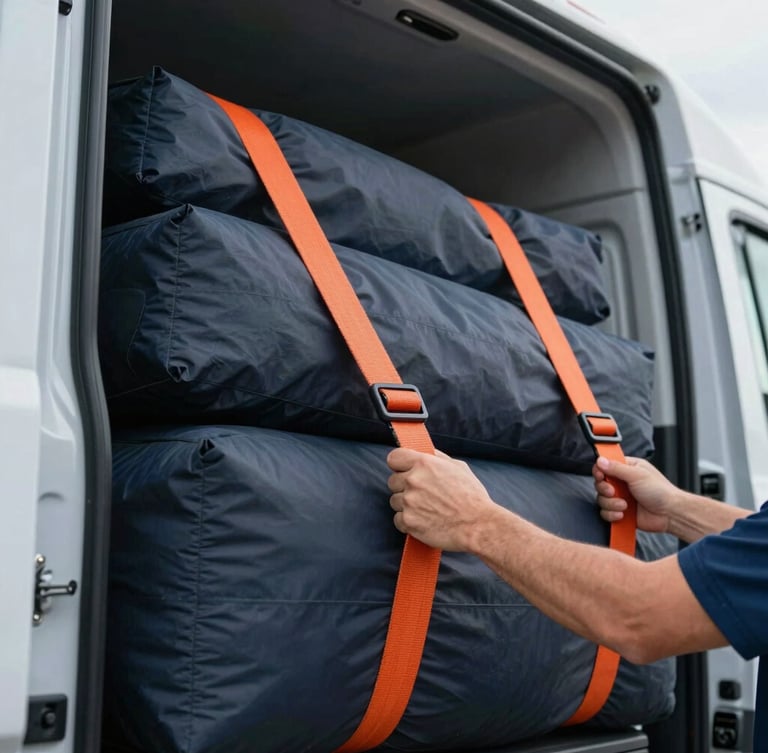 Close-up of professional driver hands securing heavy cargo with bright orange tension straps inside a clean delivery vehicle, crisp daylight, premium commercial photography.
