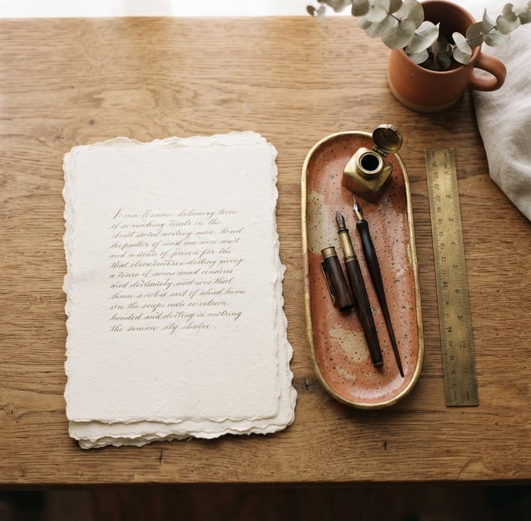 Overhead flat lay of handmade heavy-weight writing paper, a ceramic pen tray, and a brass ruler on a warm wooden desk, bathed in soft morning window light, earthy terracotta tones, shallow depth of field, 35mm