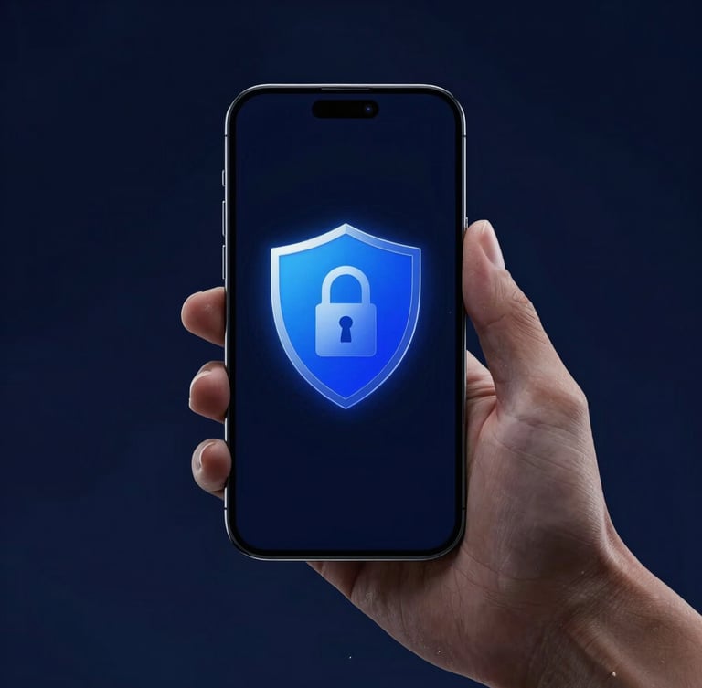 Sleek tech product photography of a hand holding a smartphone with an active security shield icon on screen, cool low-key studio lighting, deep navy tones