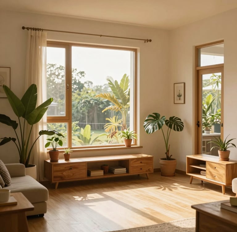 Warm editorial photography of a cozy, sunlit living room corner in BSD Tangerang, golden hour light streaming through a large window, indoor plants, natural wooden furniture