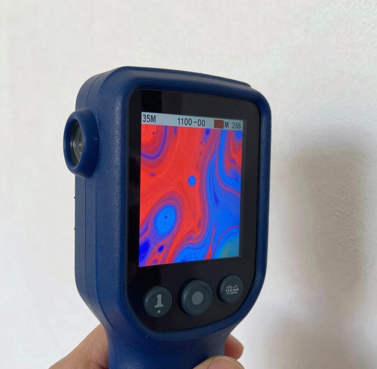 Close-up of a handheld thermal imaging camera screen displaying bright red and blue moisture mapping patterns on a plaster wall, sharp focus, crisp work lights, 35mm