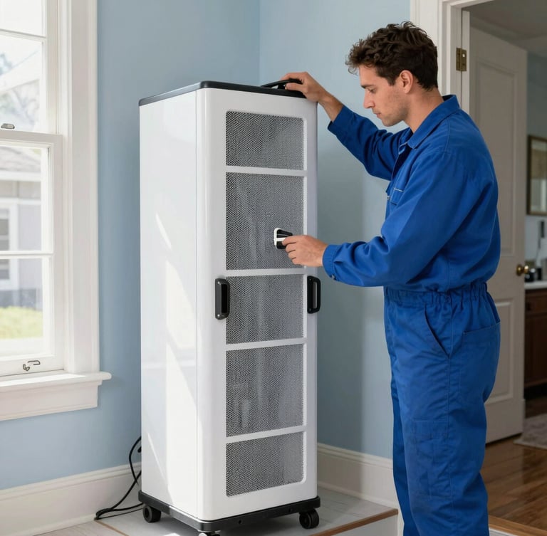 Medium shot of a professional technician in a blue uniform operating a high-capacity structural dehumidifier inside a historic San Francisco home, bright natural daylight, 35mm