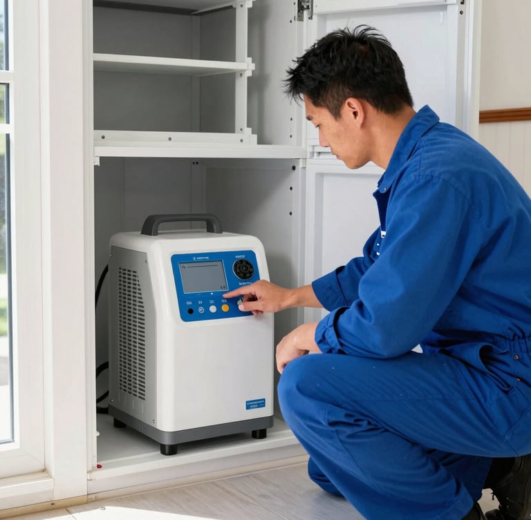 Crisp editorial photograph of a professional water restoration technician in a blue uniform monitoring advanced structural drying equipment inside a San Francisco home, bright natural daylight, sharp focus, 35mm