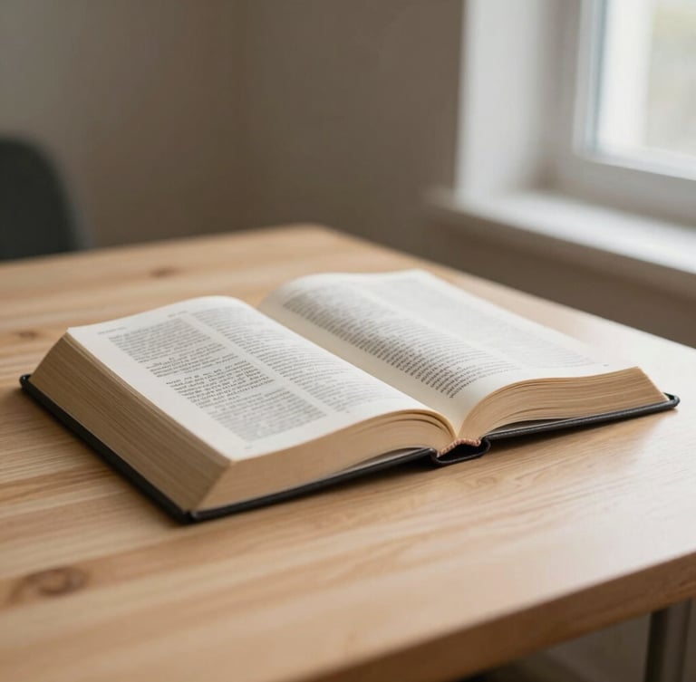 Close-up of an open Bible on a light wooden table, soft morning window light from the right side, warm editorial photography, minimalist composition