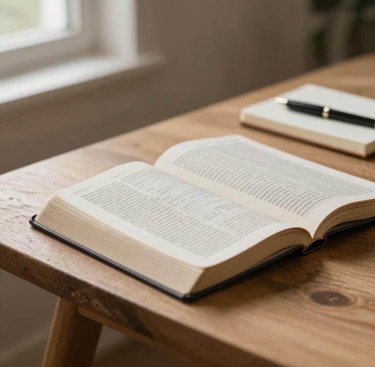 Close-up of an open Bible on a rustic light wood table, soft morning window light from the left, a minimalist notebook and elegant pen beside it, warm editorial photography style