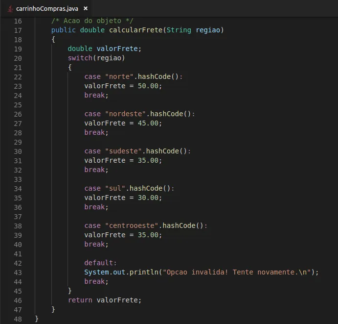 Classe CarrinhoCompras (comportamento/ação)