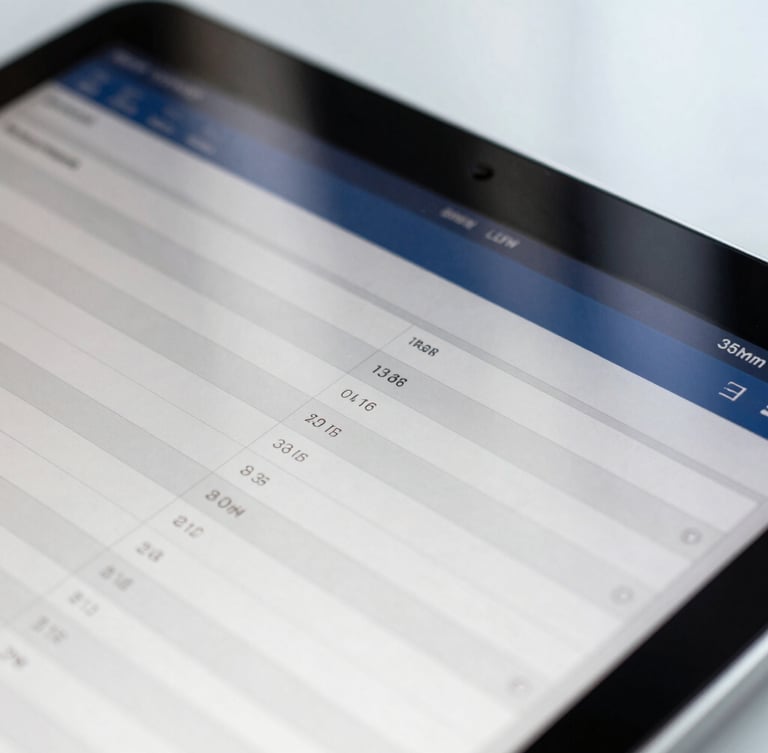 Macro shot of a high-end digital spreadsheet on a tablet screen, sharp focus on clean data cells, bright natural window light reflecting off glass, cool navy and white tones, 35mm.