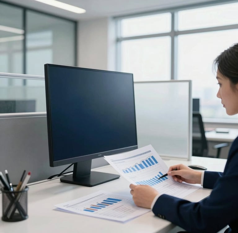 Modern corporate office environment, clean glass partitions, a professional analyzing financial reports on a desk, bright natural daylight, deep navy and cool white tones, sharp focus, 35mm.
