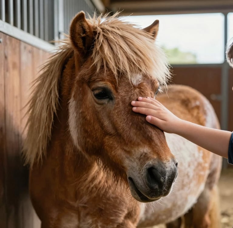 Intimate close-up of a child's hand gently brushing the soft coat of a calm Shetland pony, warm natural daylight filtering through wooden stable doors.