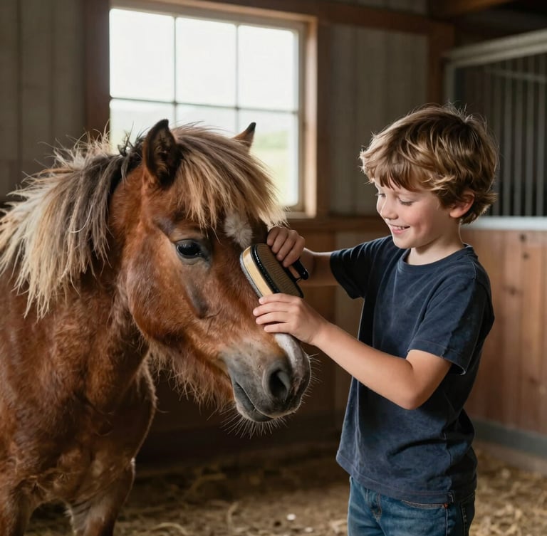 Eye-level medium shot of a young child smiling while gently brushing a Shetland pony's coat inside a rustic wooden stable, soft natural daylight filtering through a window.