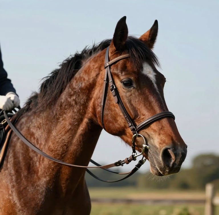 Cadrage serré et intime sur un cavalier ajustant doucement le licol en cuir d'un cheval calme, lumière naturelle de fin d'après-midi dans la campagne de Forville.