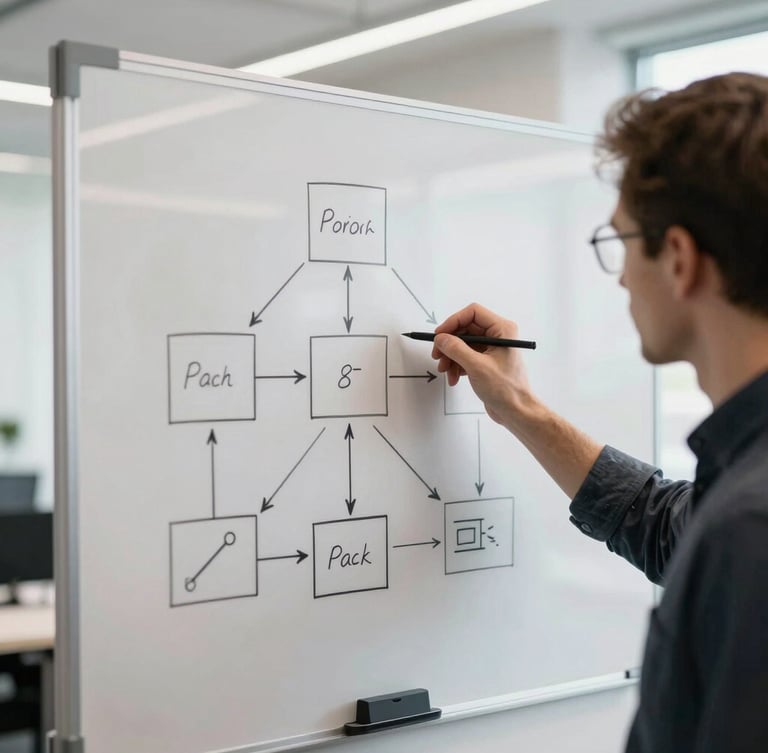 A software architect drawing a clean system diagram on a physical whiteboard in a sunlit Scandinavian office, shot from over the shoulder, shallow depth of field.