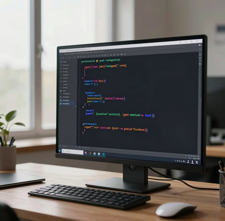 Close-up of clean, structured system architecture code on a high-resolution screen, soft natural morning light from a large window, minimalist wooden desk setup.