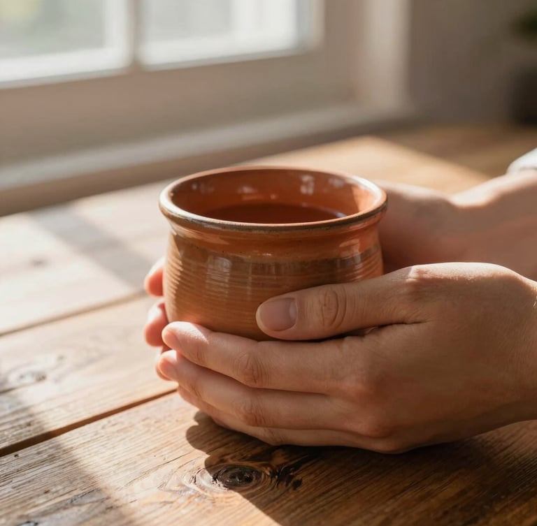A thick-rimmed terracotta ceramic mug cradled in two hands, warm morning sunlight streaming across a rustic wooden table, cozy 35mm editorial photography