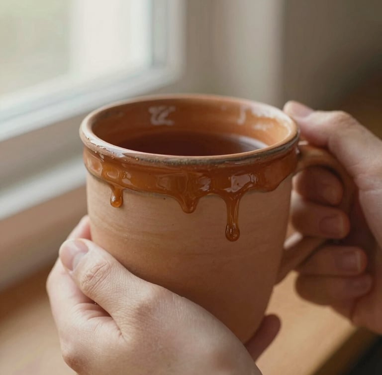 Tactile macro shot of hands holding a warm, thick-rimmed terracotta mug, glaze drips visible on the surface, soft morning light, cozy atmosphere