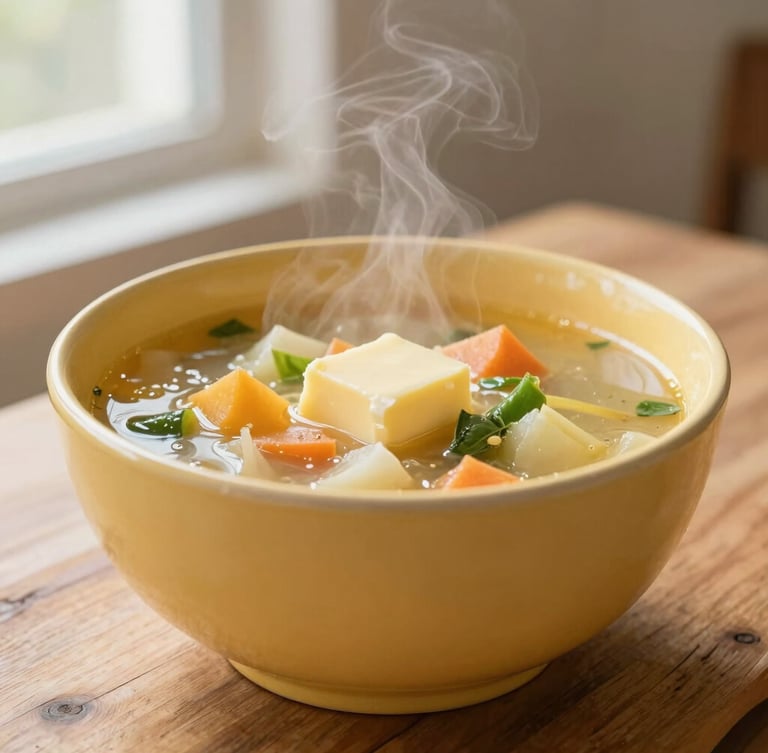 Tactile close-up of a warm buttery yellow ceramic bowl filled with steaming vegetable soup on a rustic wooden table, soft morning window light, 35mm
