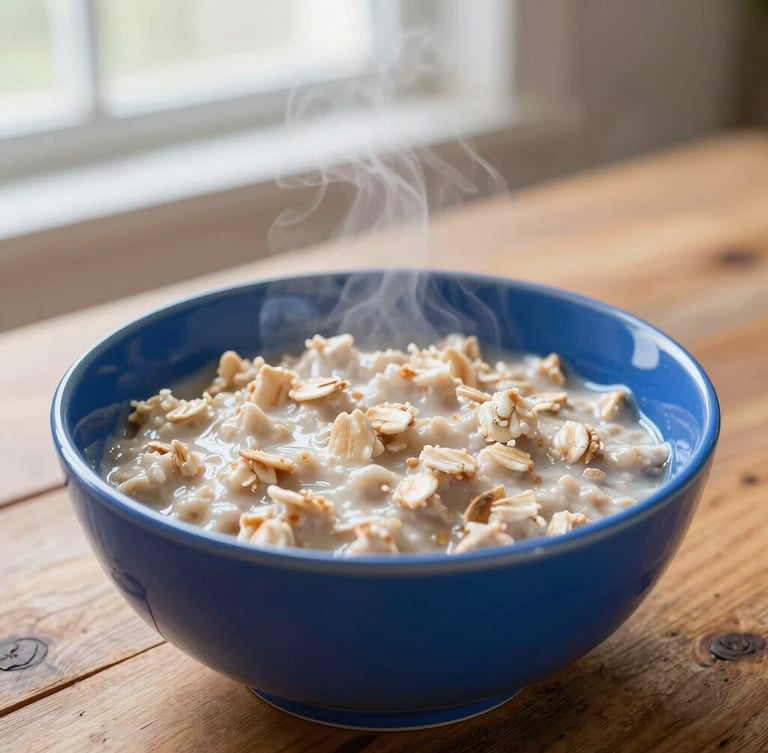 A close-up of a chunky cobalt blue ceramic bowl filled with steaming oatmeal, sitting on a rustic wooden table, warm morning light, 35mm editorial