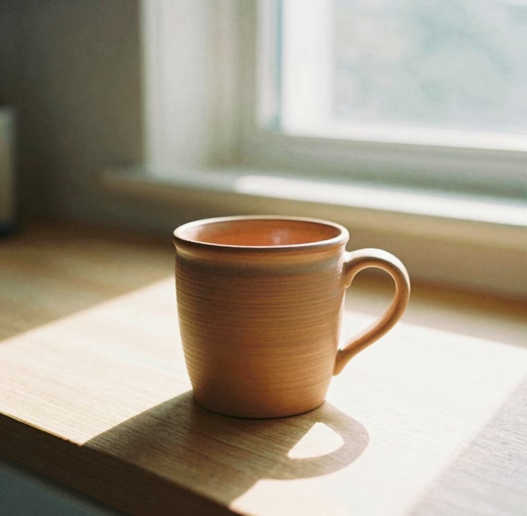 A hand-thrown terracotta mug sitting on a sunlit kitchen counter, warm morning light streaming through a window, casting soft shadows, 35mm photography