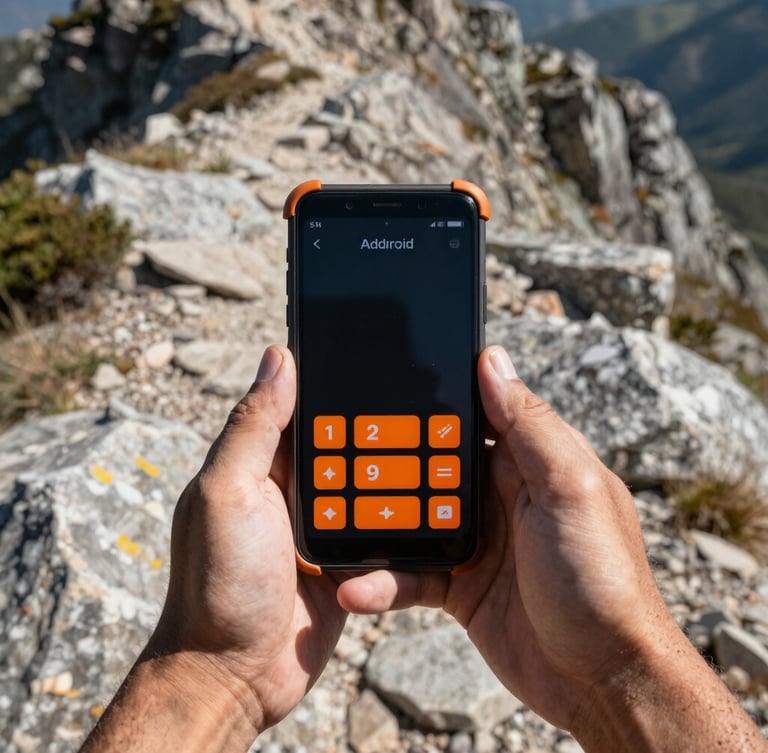 First-person POV of weathered hands holding a rugged Android phone on a rocky mountain trail, high-contrast screen showing large orange navigation buttons under harsh midday sun