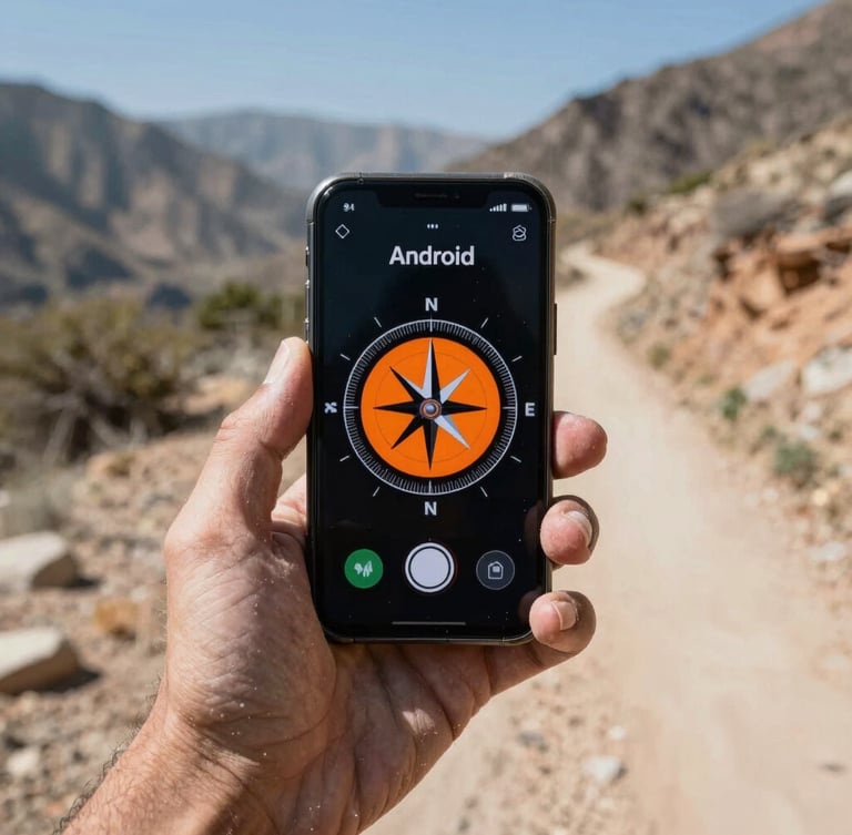 First-person POV tight shot of a weathered hand holding a rugged Android phone displaying a bold orange and white compass interface, dusty mountain trail background, harsh midday sunlight.