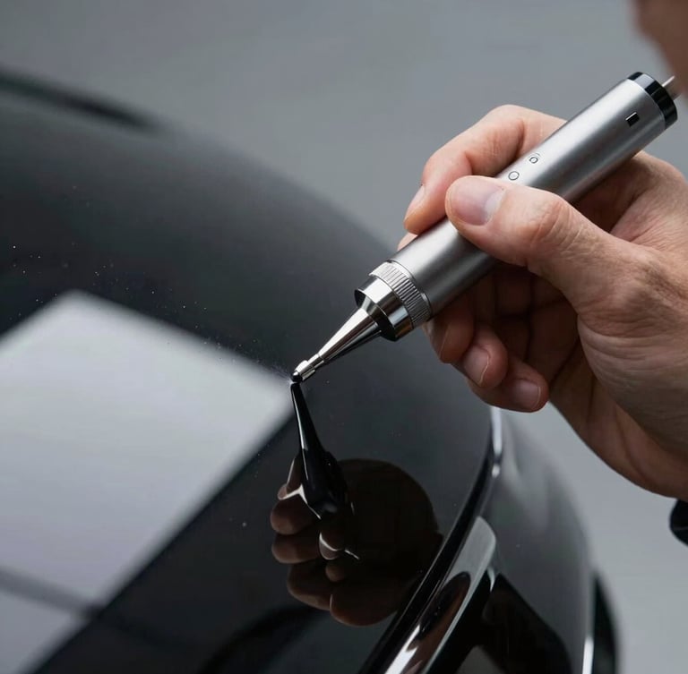 Macro photograph of a technician using a precision airbrush on a luxury car panel, cool directional lighting, sharp focus