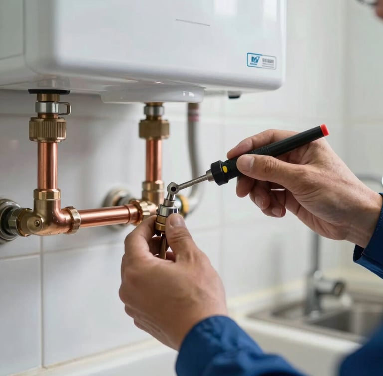 A close-up of a certified technician's hands using professional tools to calibrate the clean copper pipes of a gas water heater in a brightly lit kitchen utility area.