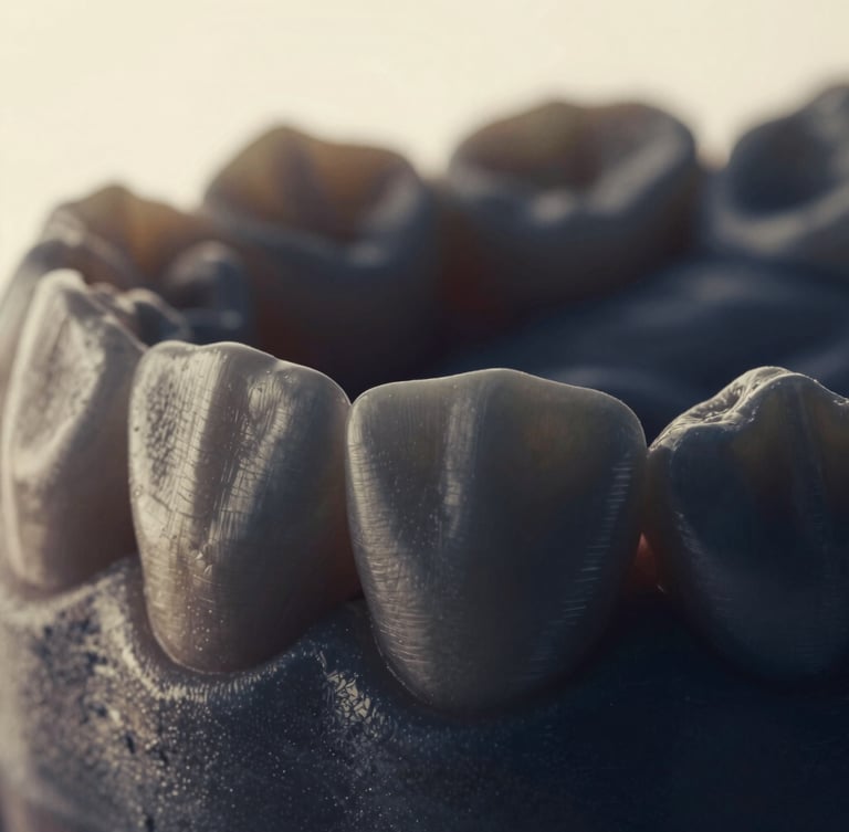 Macro photography of natural enamel textures under soft, diffused side-lighting, showing realistic tooth anatomy and micro-textures, deep navy shadow tones, warm gold highlights, shallow depth of field, 35mm
