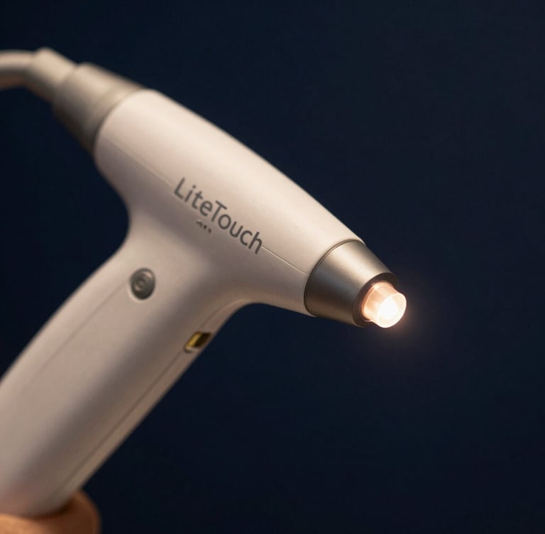 Tight artistic macro shot of the LiteTouch dental laser emitting a soft warm light, shallow depth of field, deep navy background, 35mm editorial luxury photography.