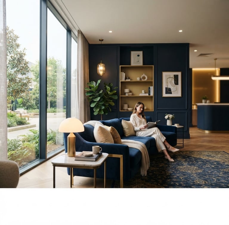Wide panoramic architectural shot of a serene, high-end dental clinic lounge with soft diffused side-lighting, deep navy and warm gold tones, shallow depth of field, 35mm.