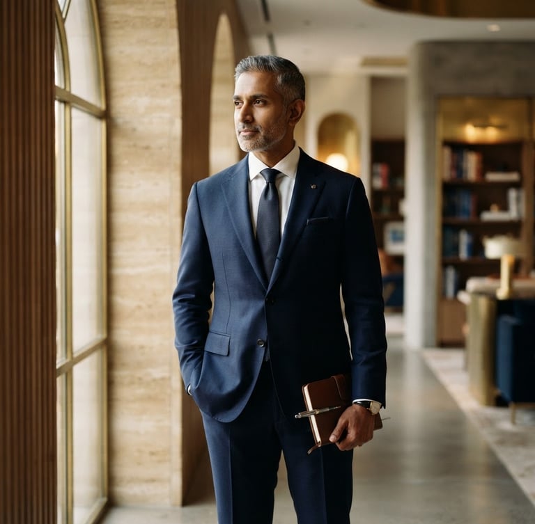 Editorial luxury portrait of a male doctor in a tailored navy suit standing in a serene, softly lit architectural space, 35mm shallow depth of field, warm diffused side-lighting.