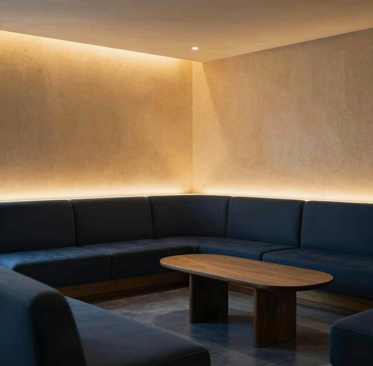 Wide architectural shot of the serene clinic lounge with soft side-lighting, deep navy and warm gold tones, elegant and calm.