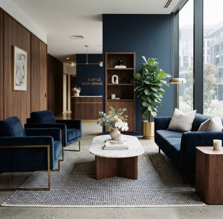 Wide clean architectural angle of a serene luxury dental clinic lounge, soft diffused side-lighting, deep navy and warm gold tones, elegant furniture, 35mm photography.