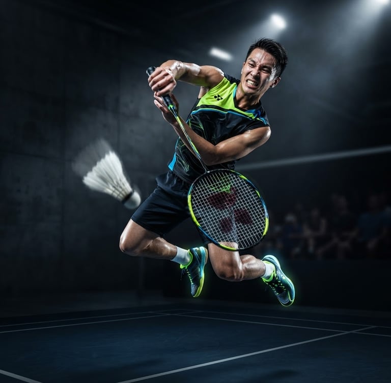 High-speed action shot of a badminton player mid-smash on a dark court, racket frame showing woven carbon fiber, electric neon accents, dramatic studio lighting.