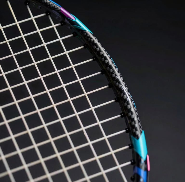 Extreme close-up of a badminton racket frame showing intricate carbon fiber weave under dramatic studio lighting, sharp details, dark background, 85mm lens.